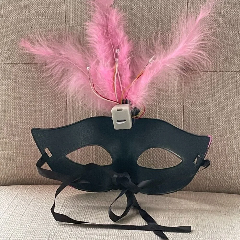 Halloween Party Mask Light Up Eyemask Masquerade Mask Faux Pink Feather Mask